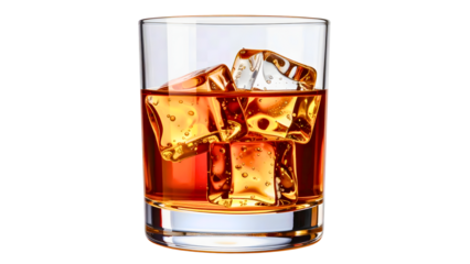 Glass of whiskey with ice cubes illustrating luxury refreshment and relaxation.