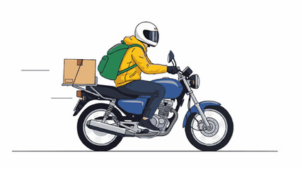 Obraz premium Delivery person riding a blue motorcycle with a green backpack and cardboard box in motion on a white background.