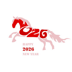Holiday card Happy New Year 2026. Stylized image of a fire horse according to the Eastern Chinese calendar. Astrological New Year.