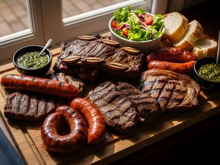 Delicious grilled meats assortment with chimichurri, salad, and bread on a wooden board, ready for an Argentinean barbecue feast.