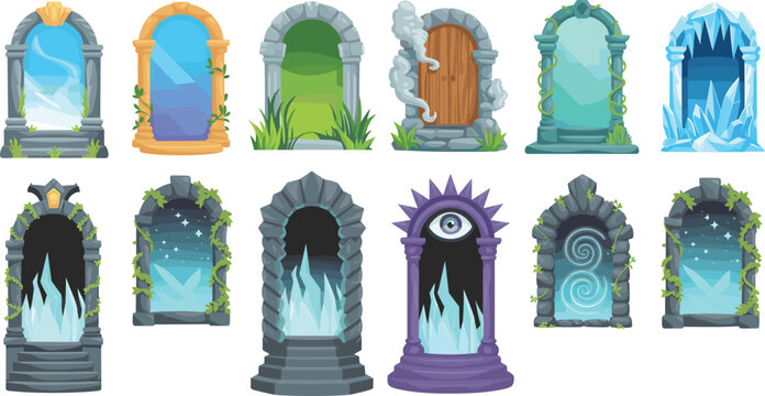 Fantasy portal set, magic doors, mystical archways, ancient stone, fantasy illustration, enchanted gateways, magical dimension, vector art.