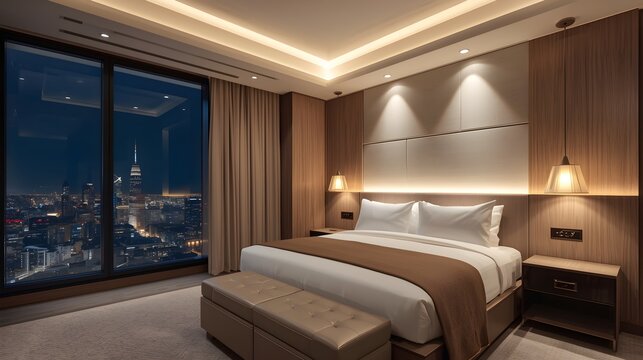 Luxury hotel room interior featuring a comfortable double bed with pillows, elegant furniture, and a sofa by the window in a modern apartment architecture design