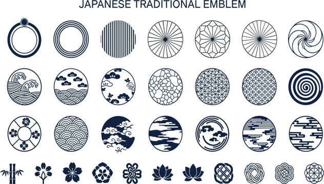 Japanese traditional emblem collection featuring blue circular kamon symbols floral geometric wave patterns isolated on white background