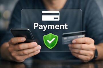 Secure online payment concept with hand holding credit card and smartphone, digital payment icon overlay, safe transaction, fintech technology, and e-commerce service.
