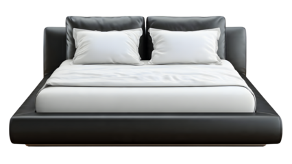 Sleek black leather bed with white mattress and pillows on transparent background