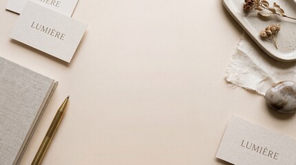 Elegant workspace flat lay featuring a textured notebook, golden pen, printed business cards, and decorative elements on a soft beige surface for branding and creative inspiration.