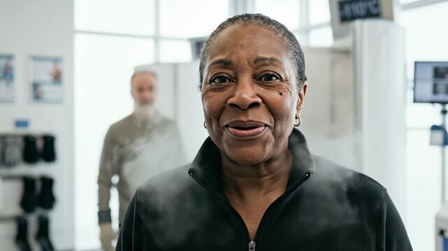 Senior African American woman exiting cryotherapy chamber with male attendant. Wellness and recovery concept. Cold therapy for health benefits. Modern spa treatment. Enjoying revitalization.