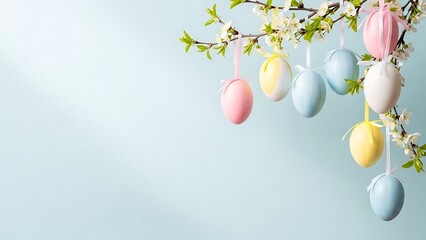 Colorful Easter Eggs Hanging on Blossoming Tree Branch