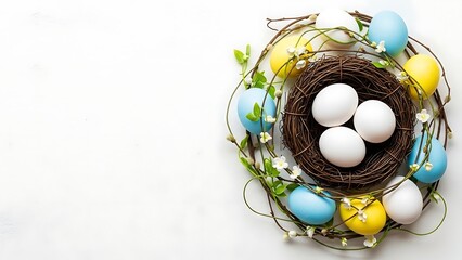 Colorful Easter Eggs in Bird Nest with White Flowers