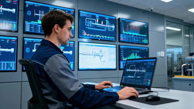 Mid shot of technician using advanced software to optimize gas flow enhancing system efficiency in a control room with multiple digital displays.