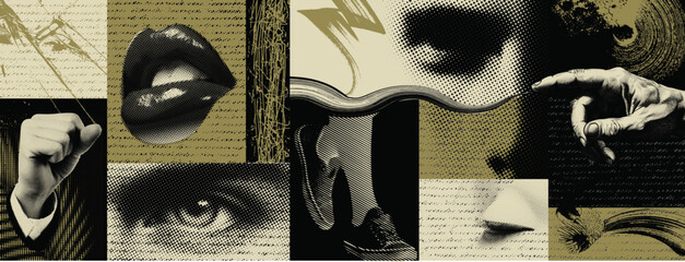 halftone collage featuring symbolic hands, lips, and abstract forms with conceptual human identity ideal for social media, card, print on clothes.