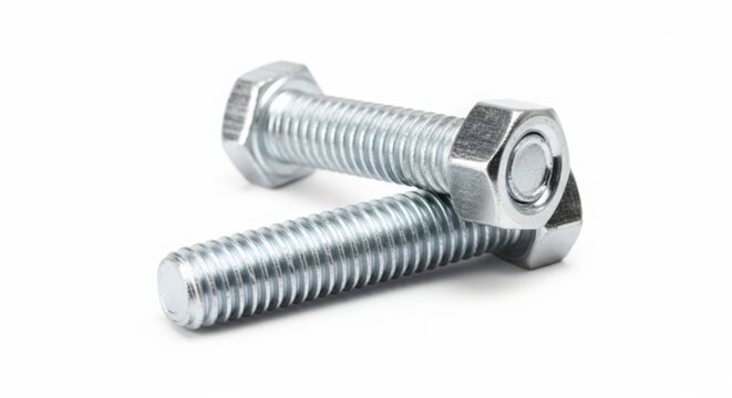 Two shiny metal hex head bolts on a white background