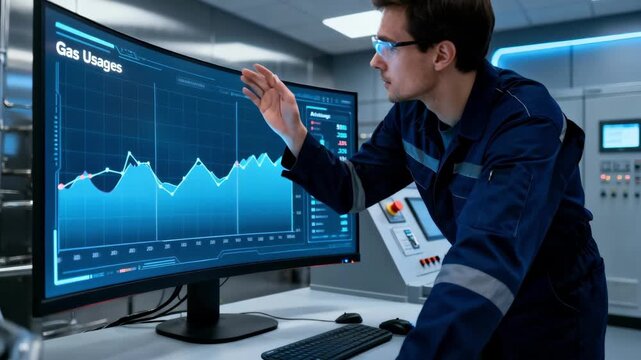 Medium shot of an engineer reviewing AIgenerated graphs showing gas usage trends over time in a modern control room.