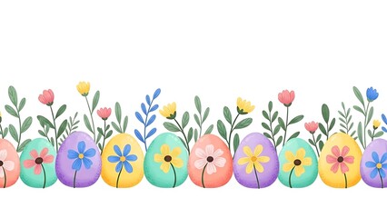 Colorful Easter Eggs with Flowers Border Design Illustration