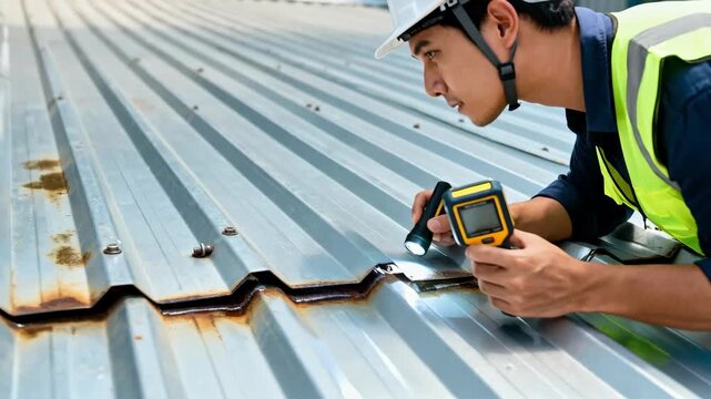 Closeup medium shot of a professional examining metal roof panels with specialized tools to detect water infiltration spots.