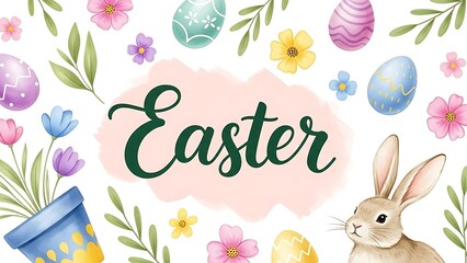 Colorful Easter Illustration with Bunny and Decorated Eggs