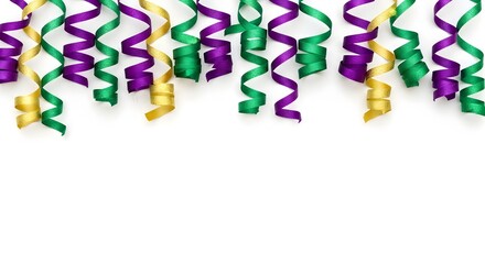A collection of festive green, purple, and gold curly ribbons on a white background