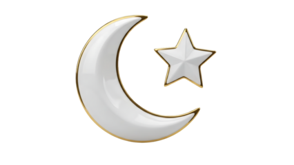 Crescent moon and star symbol with golden outline on black background isolated on transparent background