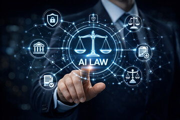 AI Law HUD: High-Tech Digital Legal Interface with Smart Justice Network.