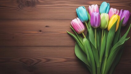 Colorful Tulip Bouquet on Rustic Wooden Table Background