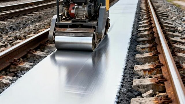 Medium shot showing resurface machines smoothing and leveling old rail tracks highlighting the transformation of a rugged rail system to a safe operable state.