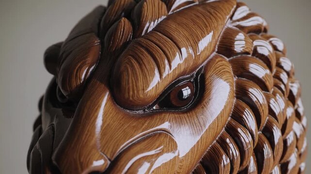 Wood carving of a lion's head with detailed textures and patterns at an artist's studio