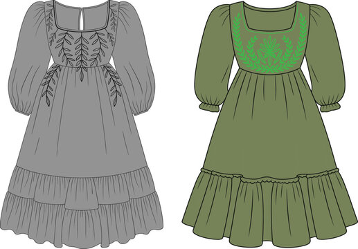 Women summer dresses collection, flat vector illustration of casual fashionable frocks with embroidery details isolated white background