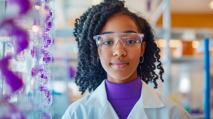Confident Portrait of Young African American Female Scientist Wearing Safety Goggles and Lab Coat Next to Illuminated Purple DNA Helix Model in Modern Research Laboratory.