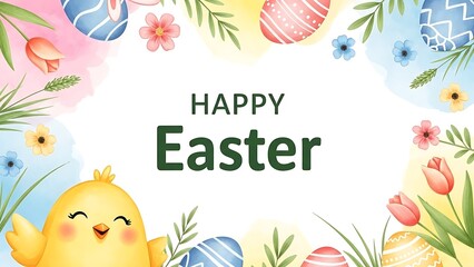 Happy Easter Card with Chick and Colorful Eggs