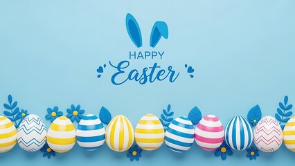 Happy Easter Card with Colorful Eggs and Blue Background