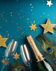 New year's eve concept.. Top view of champagne bottle and two glasses with golden glitters on blue peacock background