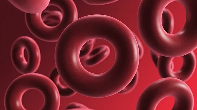3D rendered illustration of numerous red toroidal shapes resembling blood cells against a gradient red background.