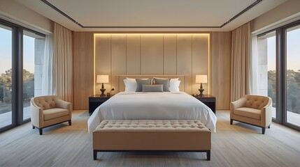 Modern Luxury Hotel Bedroom Suite with Floor-to-Ceiling Windows and City View at Sunset