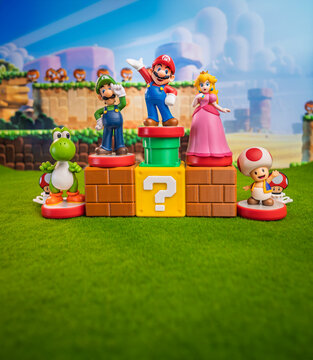 MOSCOW, RUSSIA - September 08, 2022: Super Mario Bros figure character.Super Mario is a Japanese platform video game series and media franchise created by Nintendo and featuring their mascot, Mario.