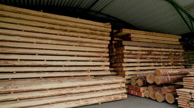 Large stacks of processed and rough-cut lumber and logs stored in a sheltered shed, prepared for construction or woodworking