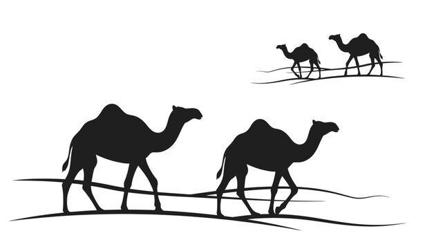 A desert scene with two sets of camels walking across the sand silhouette