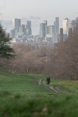 Lone figure on grassy hill path with city skyline