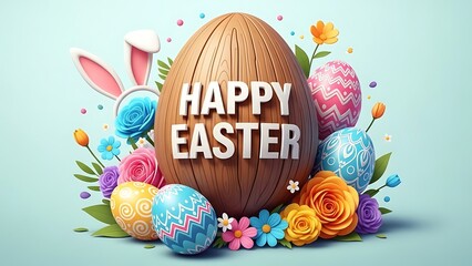 Happy Easter Celebration with Colorful Eggs and Bunny