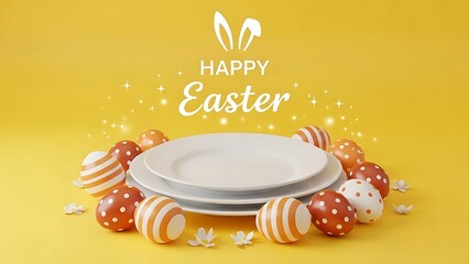 Happy Easter Celebration with Decorated Eggs and Plates
