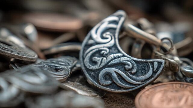 Closeup of raw tinplate jewelry components showcasing detailed stamped patterns highlighting the unrefined metallic texture and industrial craftsmanship.