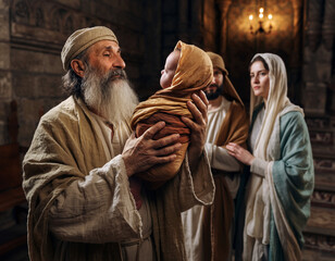 The Elder Simeon holds the Infant Jesus in his arms. Mary and Joseph stand nearby. Feast of the Presentation of the Lord.
