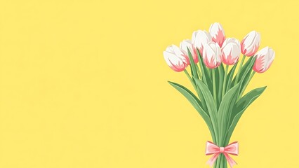 Illustration of Pink Tulips Bouquet with Ribbon on Yellow Background