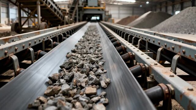 Medium shot of mining conveyor belt system transporting raw materials highlighting belt width and durable frame structure in industrial setting.