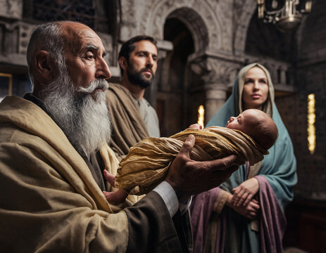 The Elder Simeon holds the Infant Jesus in his arms. Mary and Joseph stand nearby. Feast of the Presentation of the Lord.