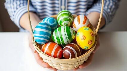 Person Holding Basket of Colorful Easter Eggs on Table