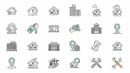 Collection of Real Estate and Construction Icons in Outline Style.