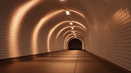 Illuminated tunnel with arched light patterns on tiled walls and a long perspective