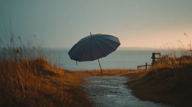 A lone umbrella floats in the rain over a path leading to the sea - Powered by Adobe
