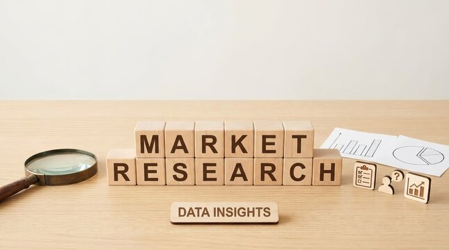 Wooden cubes spelling 'Market Research' on desk, magnifying glass, charts, data insights concept - Powered by Adobe
