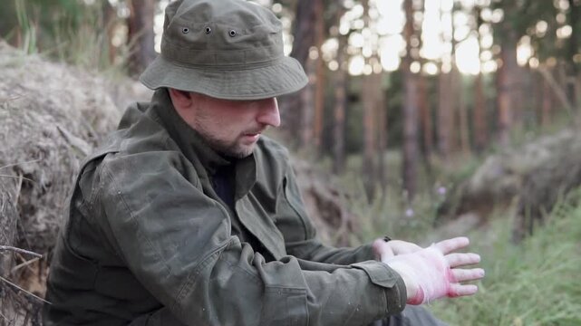 Soldier in frontline trench bandaging wounded arm after enemy attack, performing first aid. The concept of war.